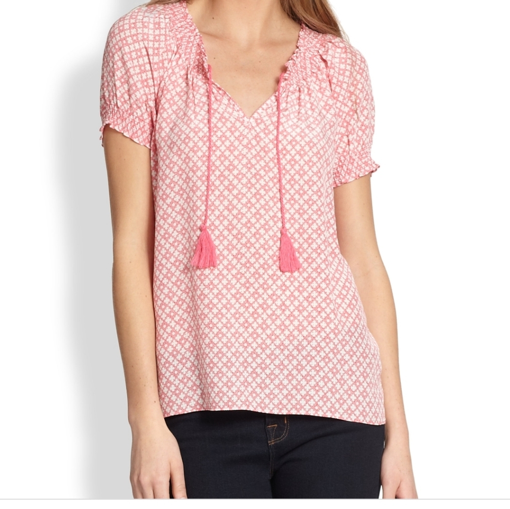 Joie Pink Patterned 100% Silk Peasant Style Top